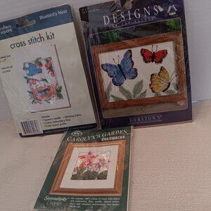 Lot of 3 Vintage Cross stitch kits Butterfly Flowers Birds country garden theme